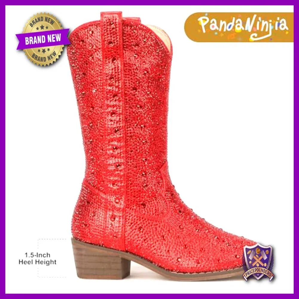 Rhinestone Sparkly Cowgirl Boots Mid Calf Round Toe Western Riding Boots